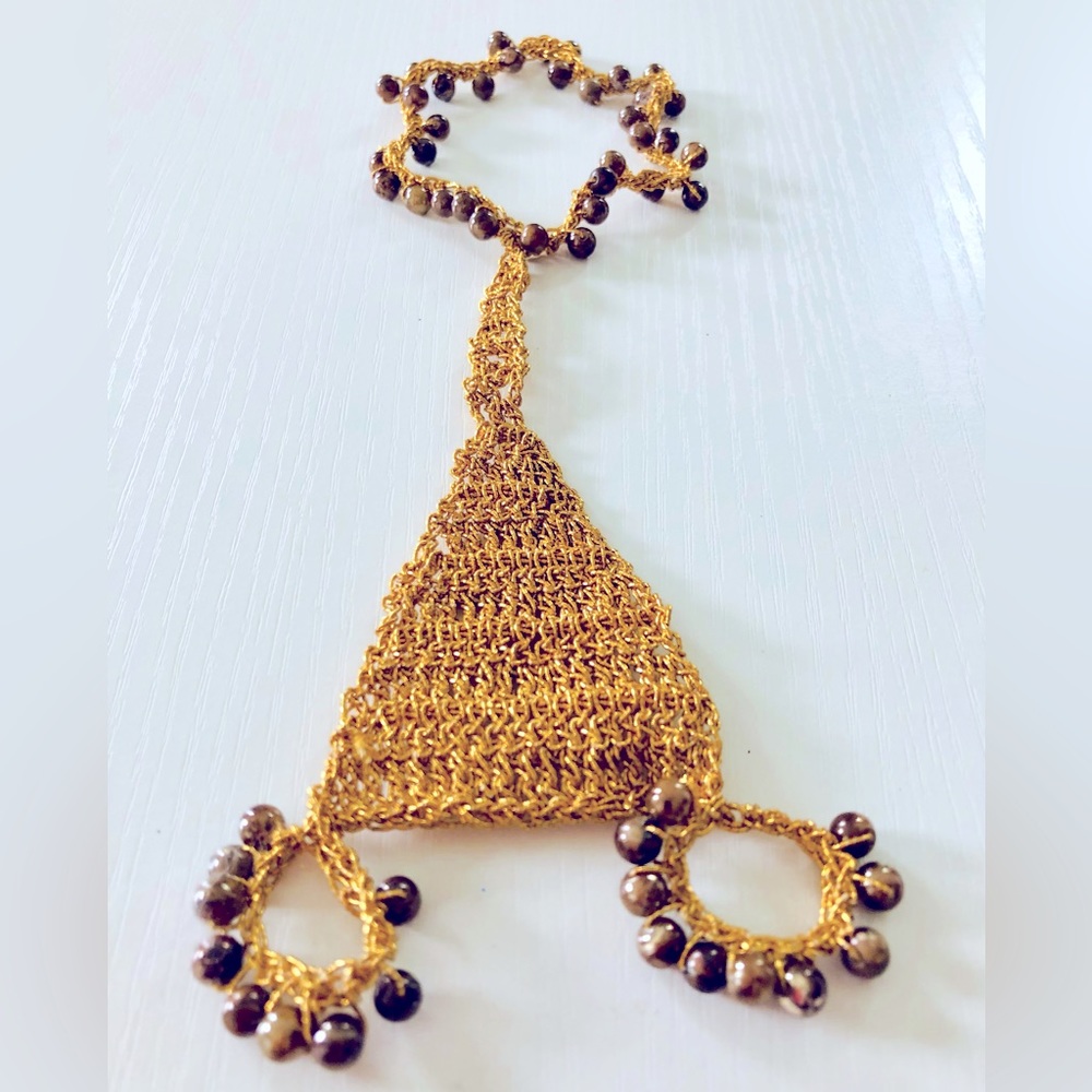Artisan toe anklet Beaded metallic gold crochet One size
